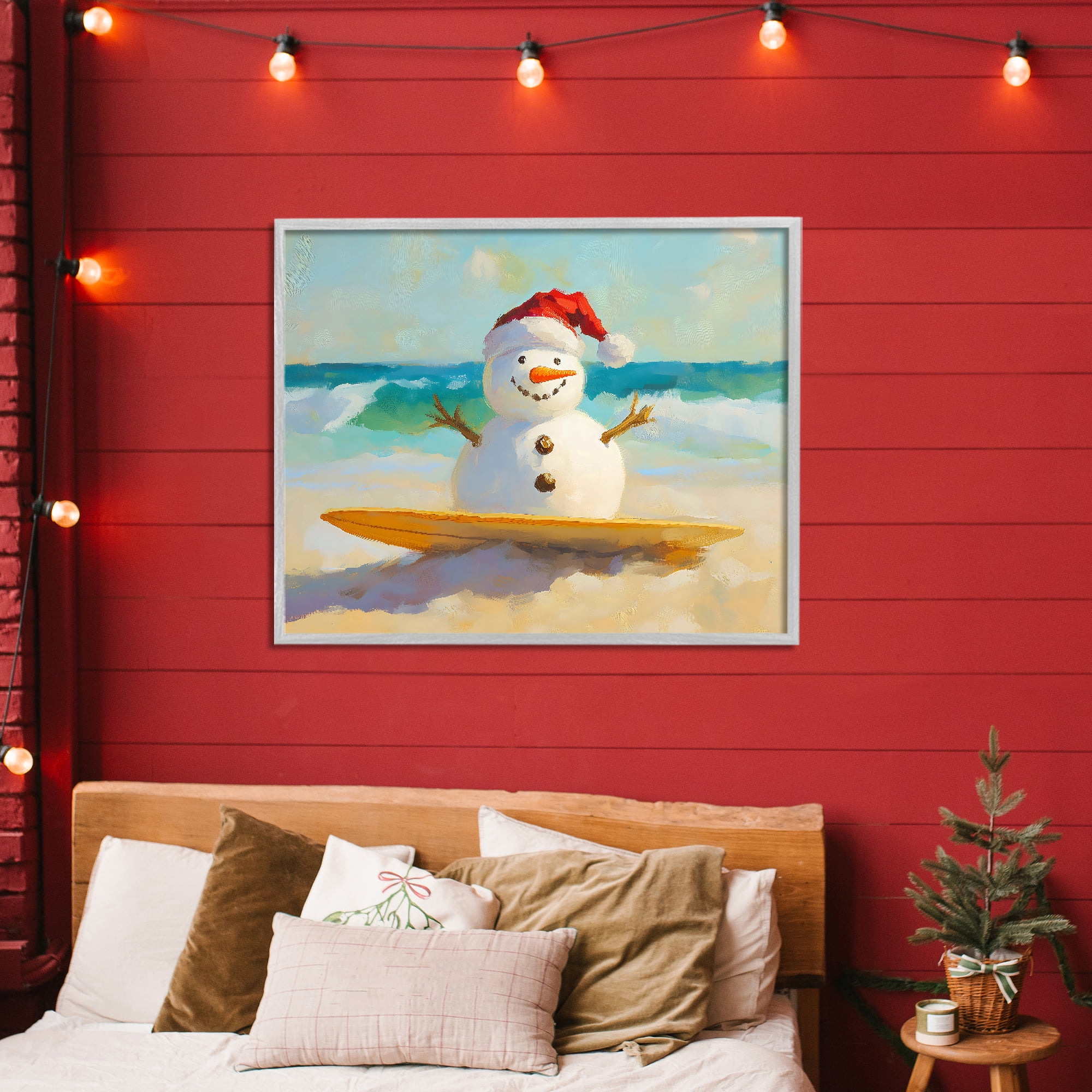 Stupell Industries Surfer Snowman on Beach Gray Framed Giclee Art, design by The Prints Vibe