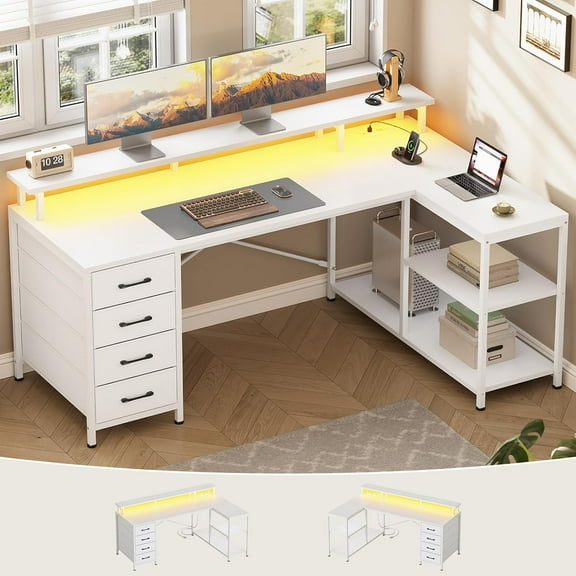 SEDETA L Shaped Desk with 4 Drawers and Storage Shelves, L Shaped Gaming Desk with LED Lights & Power Outlets, Computer Desk with Shelves & Drawer, Corner Desk Home Office Desk, White