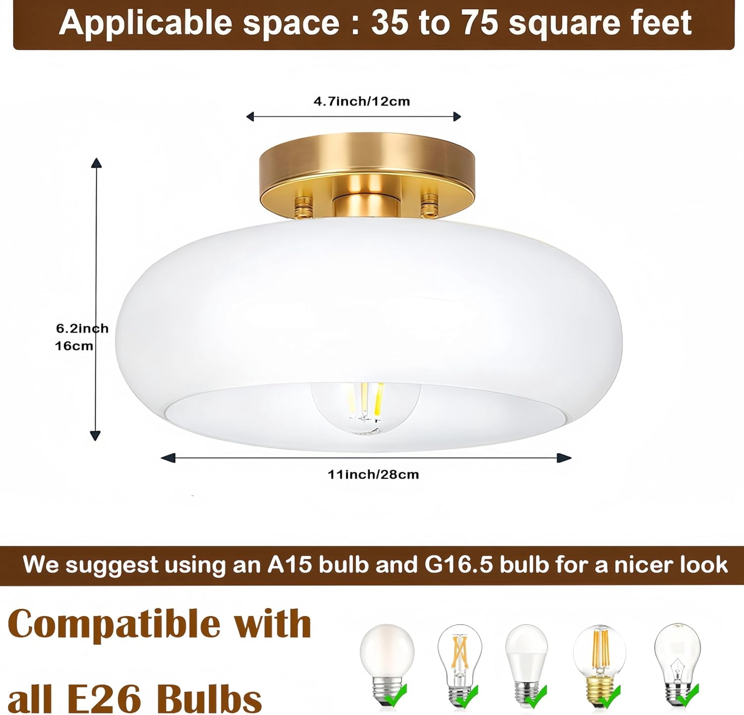 Gold Semi Flush Mount Ceiling Light,11inch Mid-Century Modern Light Fixture, Hallway Light Fixtures with White Milk Glass Shade,Vintage Lighting fixtures for entryway,Bedroom,Kitchen,Porch