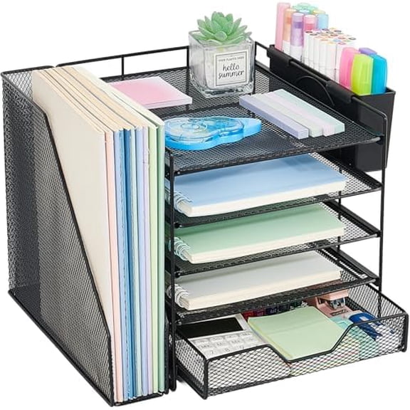 Desk Organizers and Accessories, 5-Tier Paper Letter Tray Organizer with File Holder, Drawer & Pen Holder, Office Desk Accessories, Desktop Organizer for Classroom Office Supplies, Black