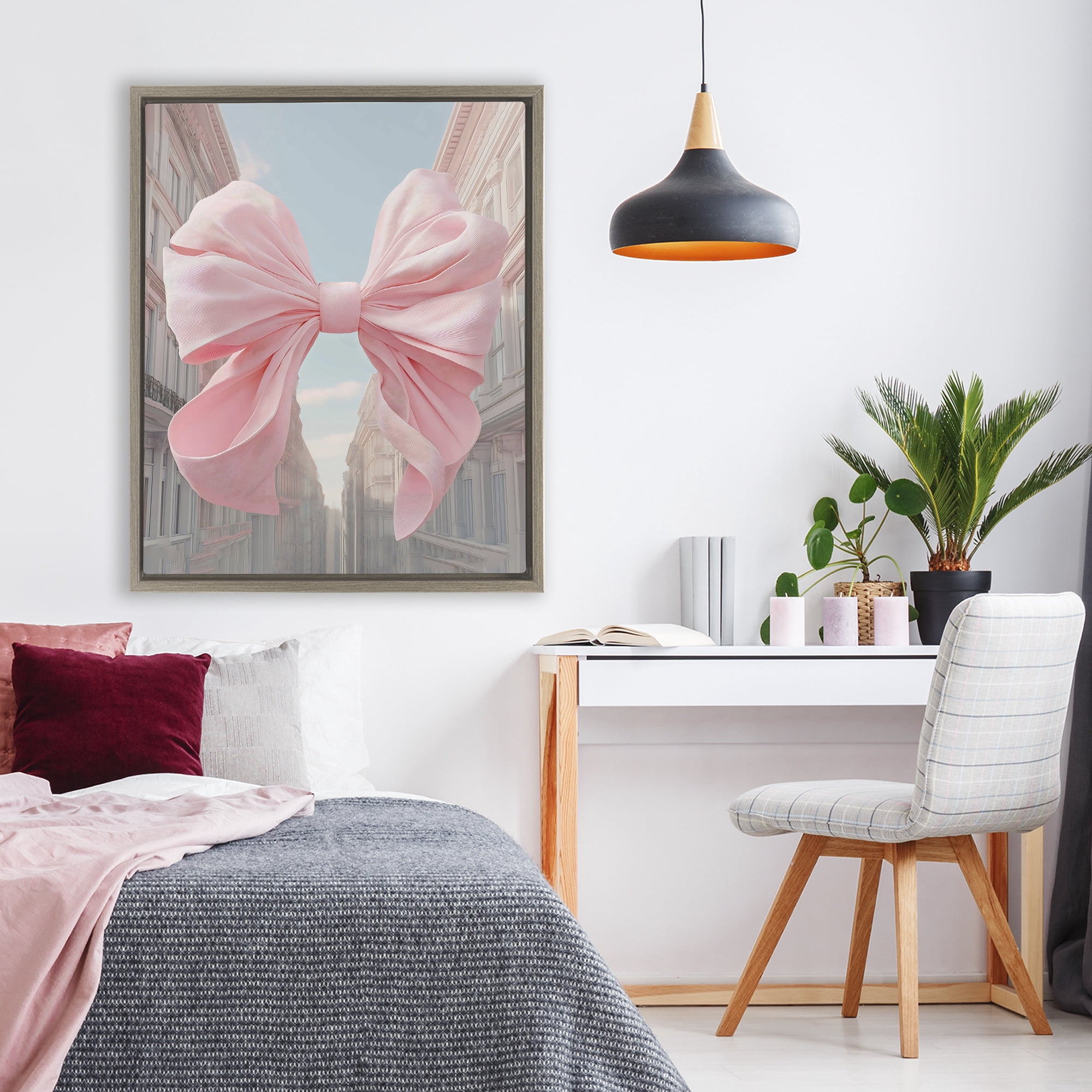 Stupell Industries Pink Bow over City Street Brown Framed Floater Canvas Wall Art, design by The Prints Vibe