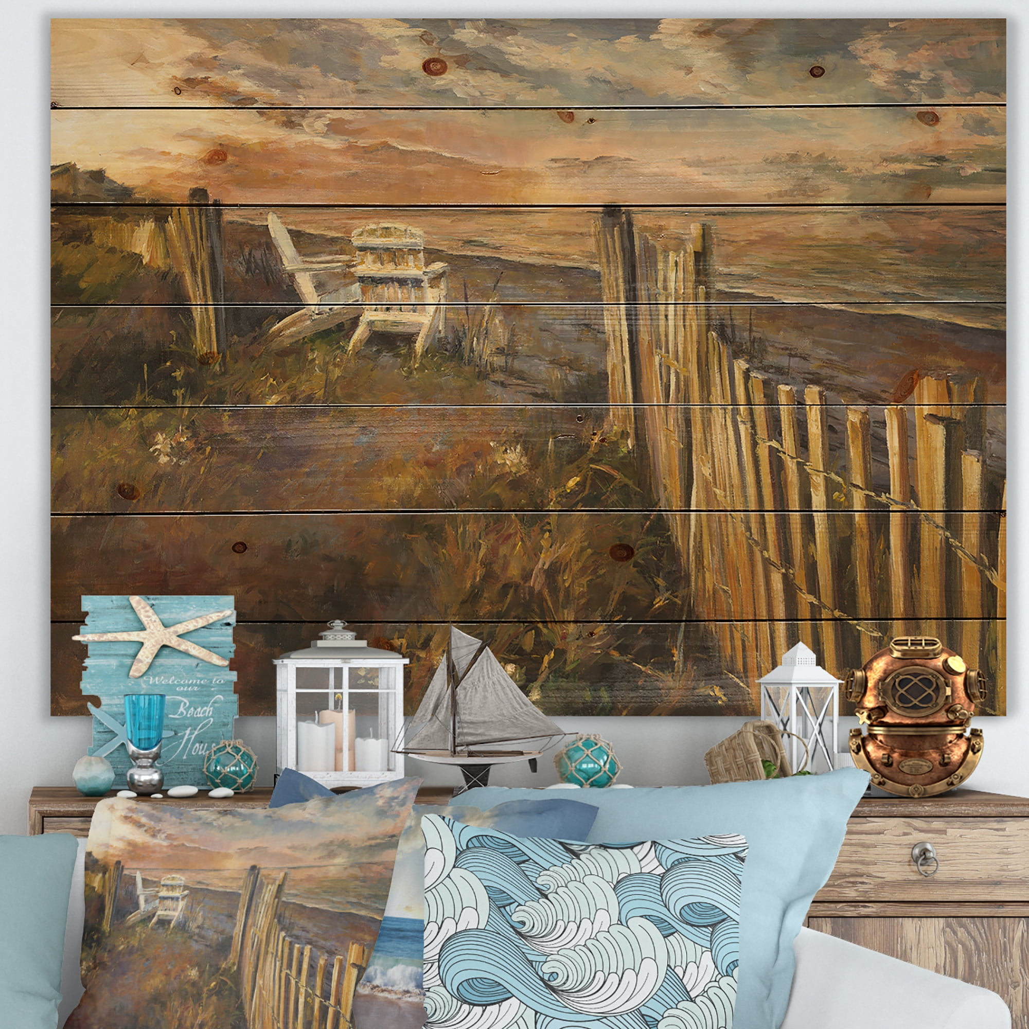 Designart 'Dunes Sunset' Nautical & Coastal Print on Natural Pine Wood