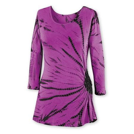 - Women's Flattering Tie Dye Tunic Top with Side Cinched Bun