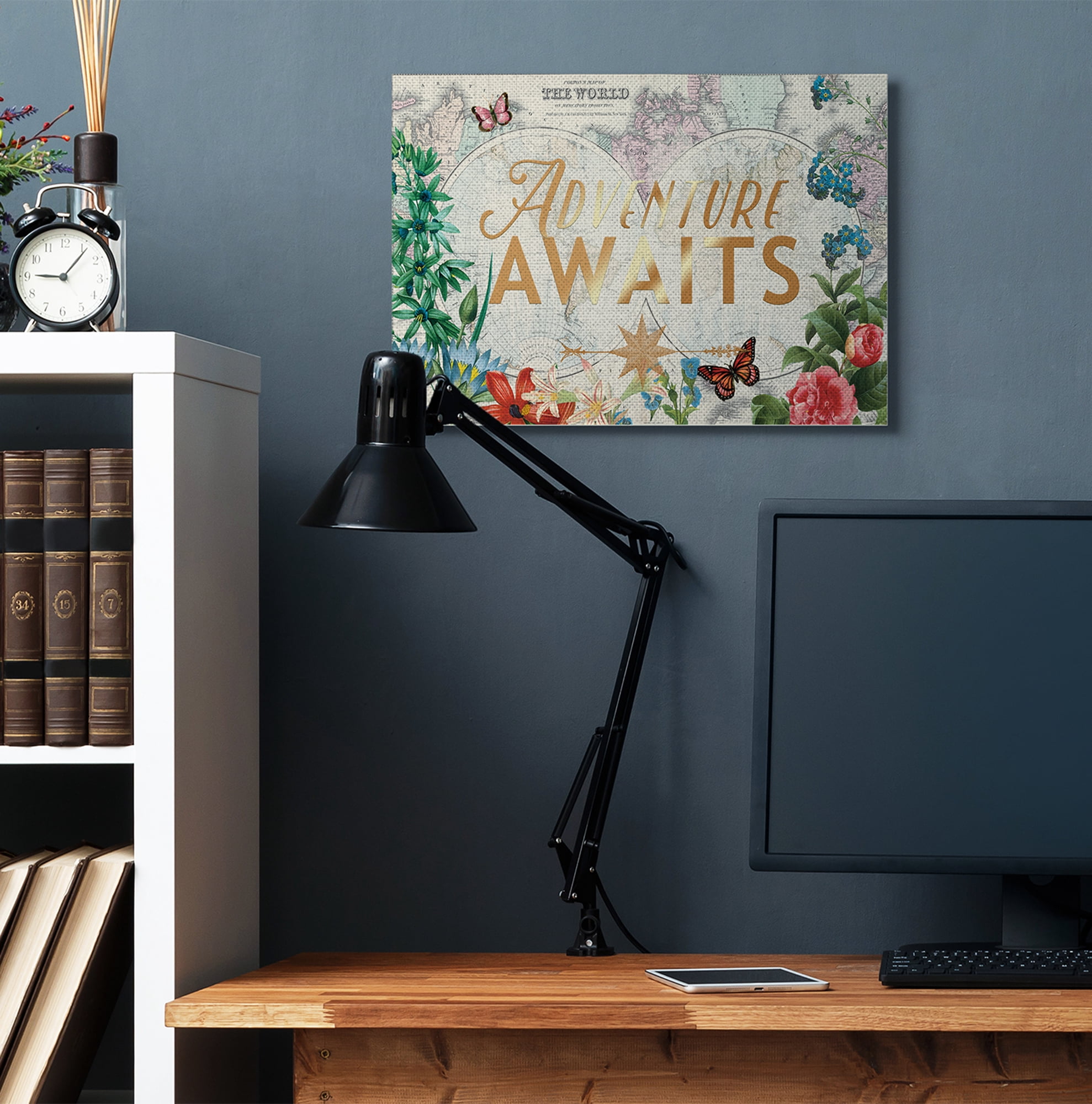 Stupell Home Décor Adventure Awaits Globe Map Flower Word Design Canvas Wall Art by Ophelia and Company