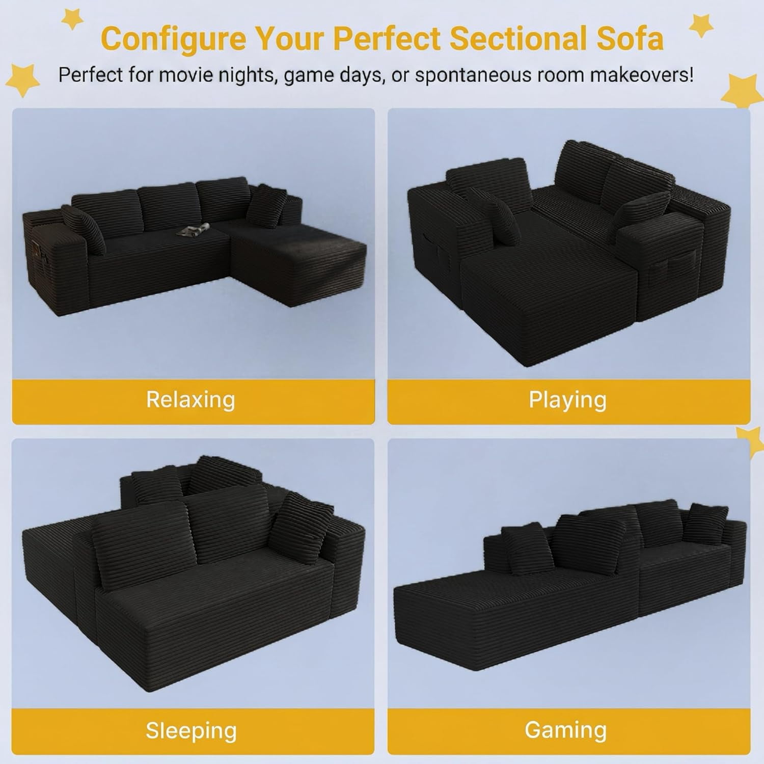 Cloud Couch, Lofka 105" Cloud Modular Sectional Sofa, Corduroy L-Shape Couch with Chaise, Deep Seat Boneless Floor Sofa for Living Room, Black