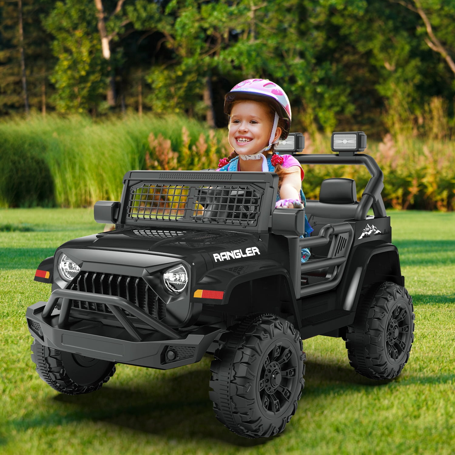 Erinnyees 12V Ride on Jeep Car, Kids Electric Vehicles with Remote Control, Safety Belt, Battery Powered, Music and Lights-Black
