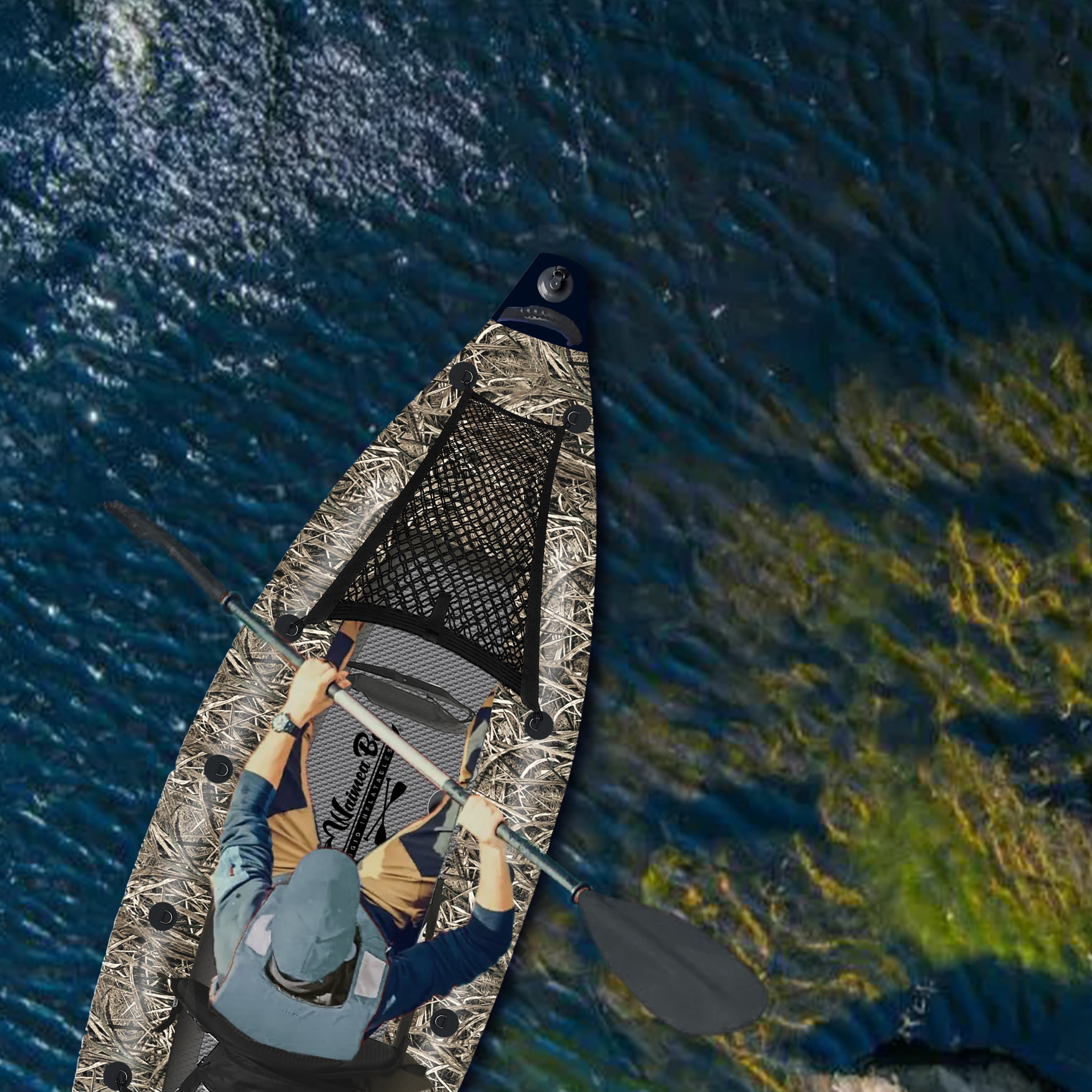 Waimea Bay GrassCamo 16' 3-Seater Rigid Inflatable - Durable Fishing Kayak With 1200lb Capacity
