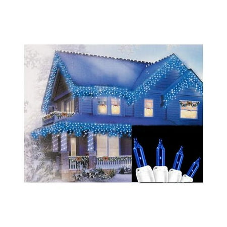 Set of 100 Blue Everglow Icicle Christmas Lights - White Wire