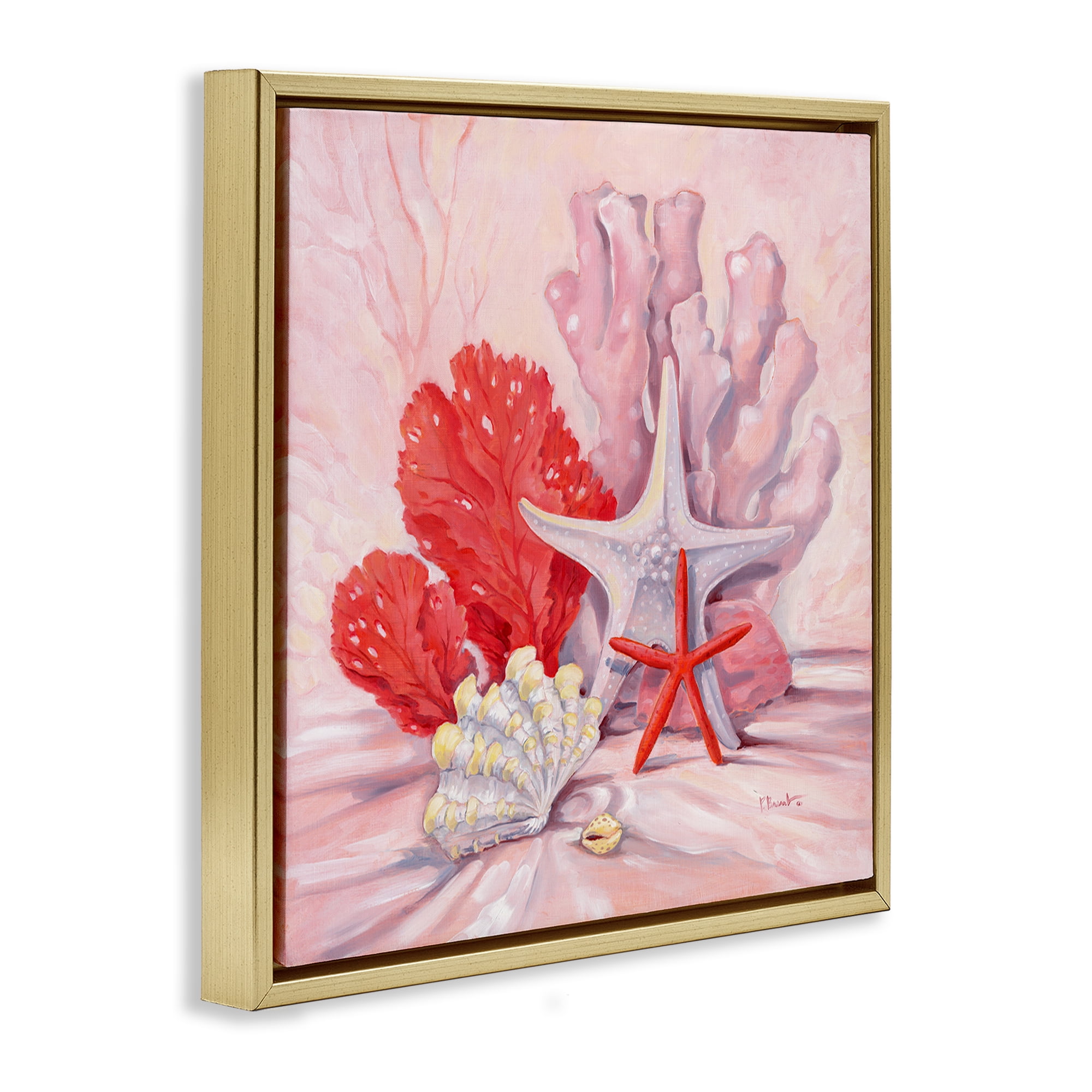 Stupell Industries Pink Gathered Sea Life Animals & Insects Painting Gold Floater Framed Canvas Art Print Wall Art, 25 x 25