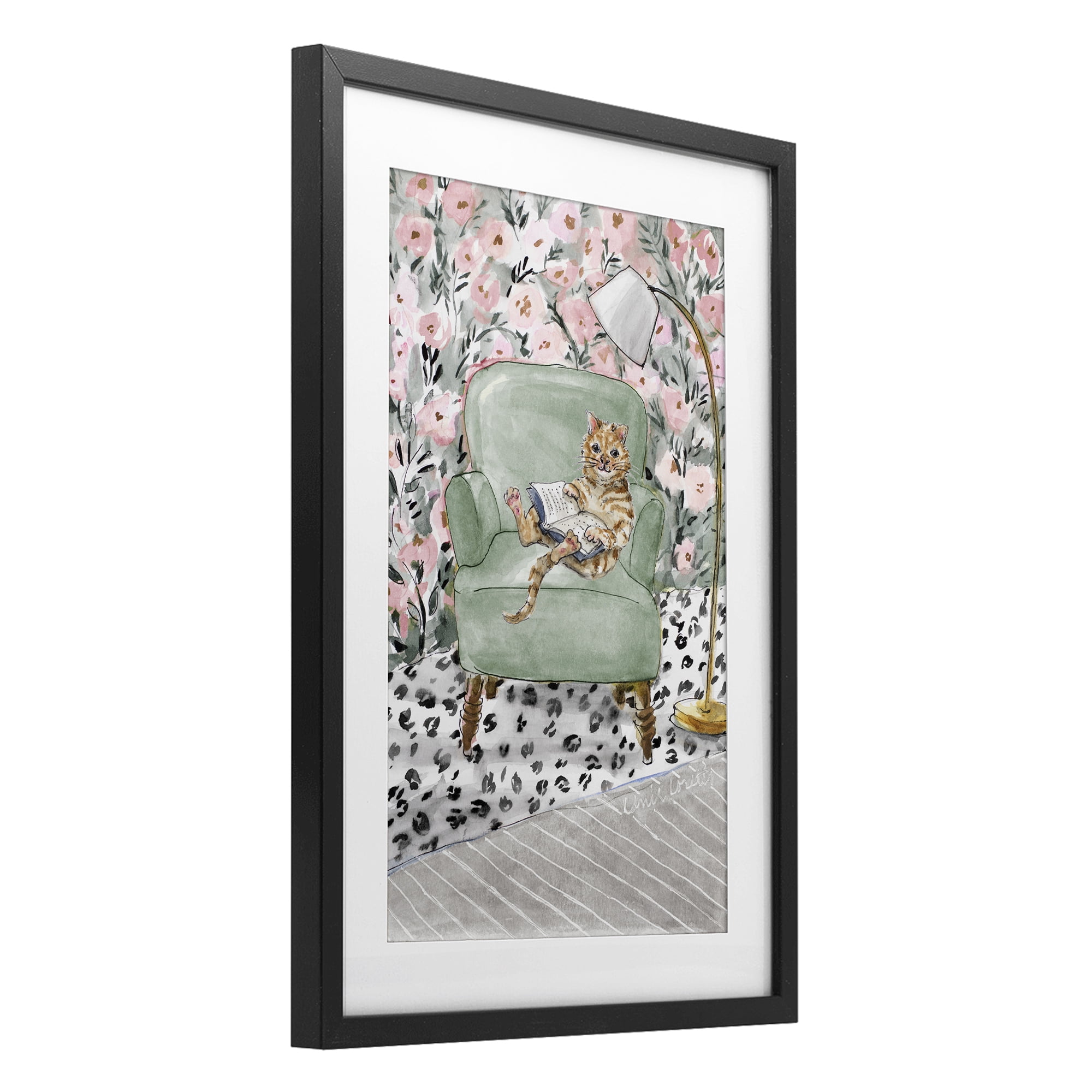 Stupell Industries Cozy Cat Reading Black Framed Print Under Glass, design by Lanie Loreth