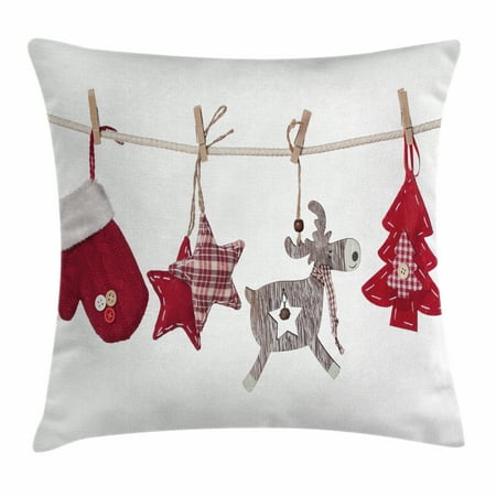 - Christmas Throw Pillow Cushion Cover, Traditional Xmas Celebration Items Hanging from Rope with Clothespins Retro, Decorative Square Accent Pillow Case, 16 X 16 Inches, Red Cream Tan, by Ambesonne