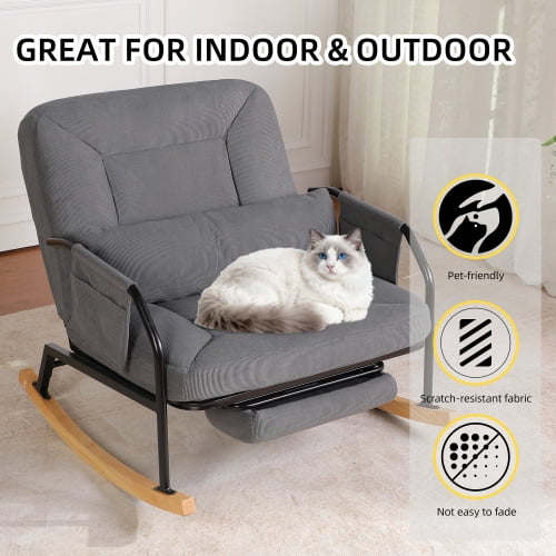 Oversized Corduroy Nursery Glider Rocker Recliner, Pull-Out Footrest, Adjustable Backrest, Grey
