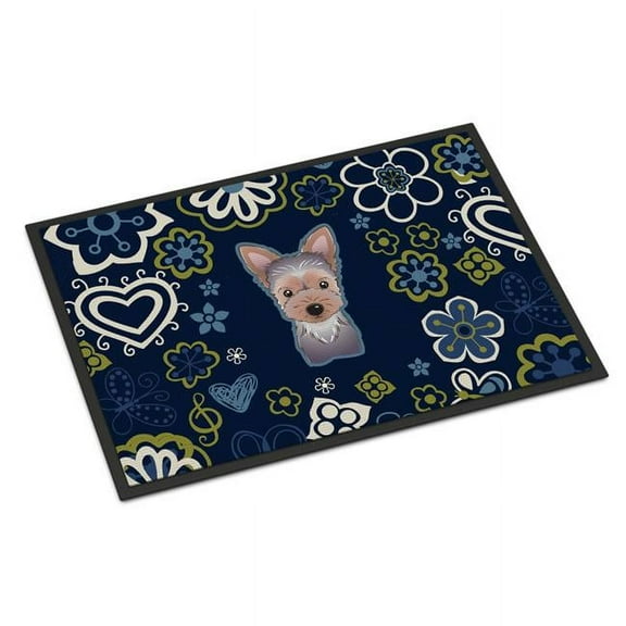 Carolines Treasures BB5083MAT 18 x 27 in. Blue Flowers Yorkie Puppy Indoor or Outdoor Mat