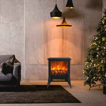 

14 1400W Overheating Safety Protection Freestanding Electric Fireplace Space Stove Heater with Flame