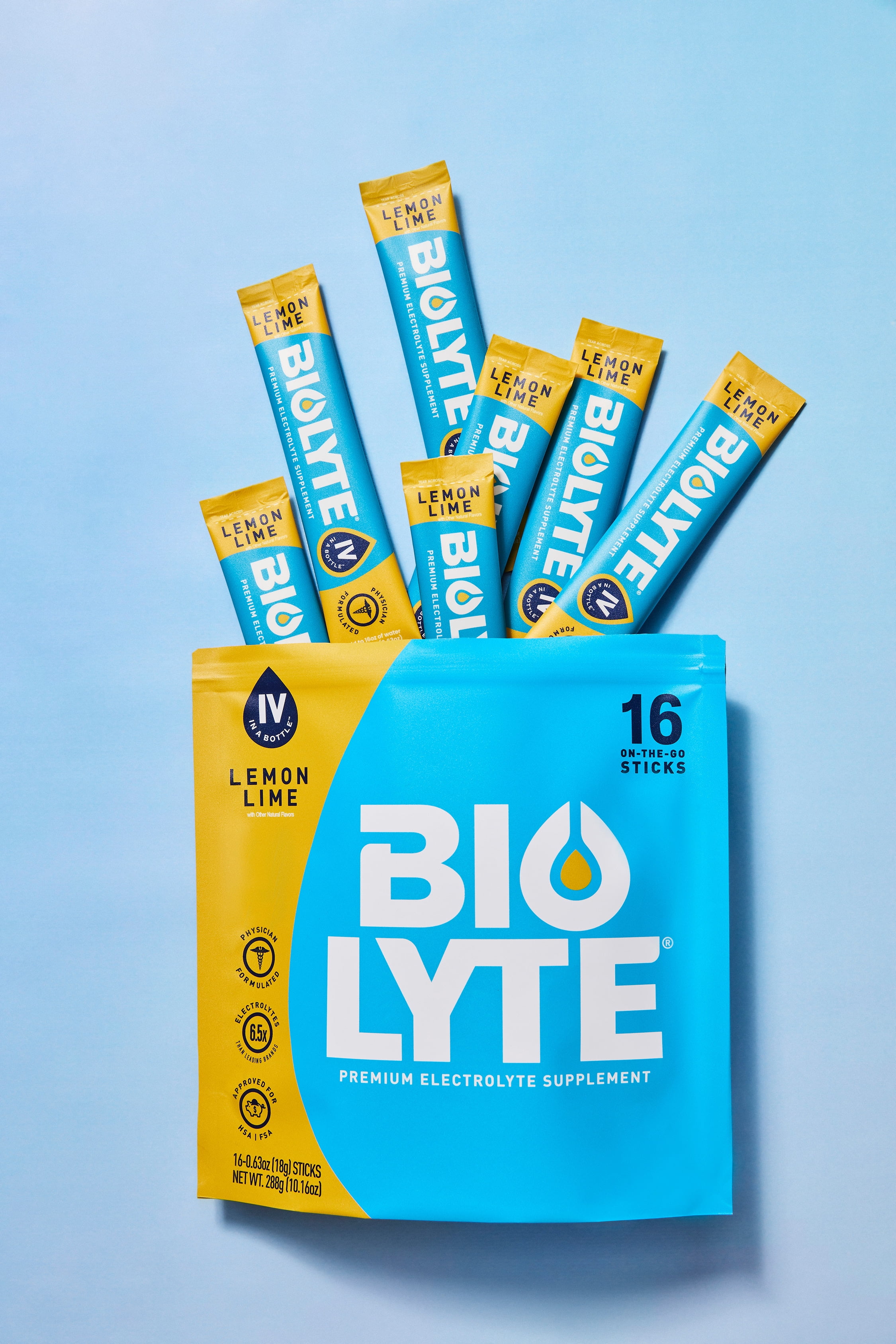 BIOLYTE Electrolyte Powder Packet Drink Mix for Rapid Hydration, Lemon Lime, 16 pack