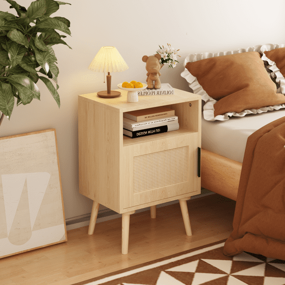 22.83'' H Rattan Nightstand, Side Table with Door Open Shelf,  Accent Bedside End Table with Solid Wood Legs for Bedroom, Dorm and Small Spaces, Oak