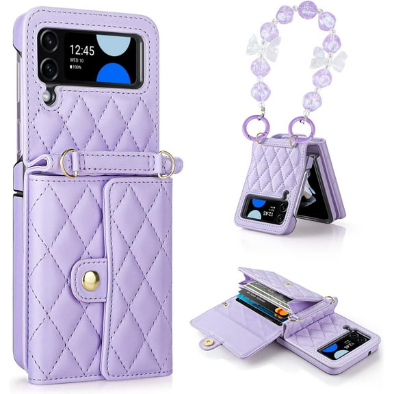 Galaxy Z Flip 4 Wallet Case with Credit Card Holder, Luxury Soft PU Leather with 360°Rotation Ring Stand Women Girls Case with Beads Chain Durable Shockproof Protective Cover Purple