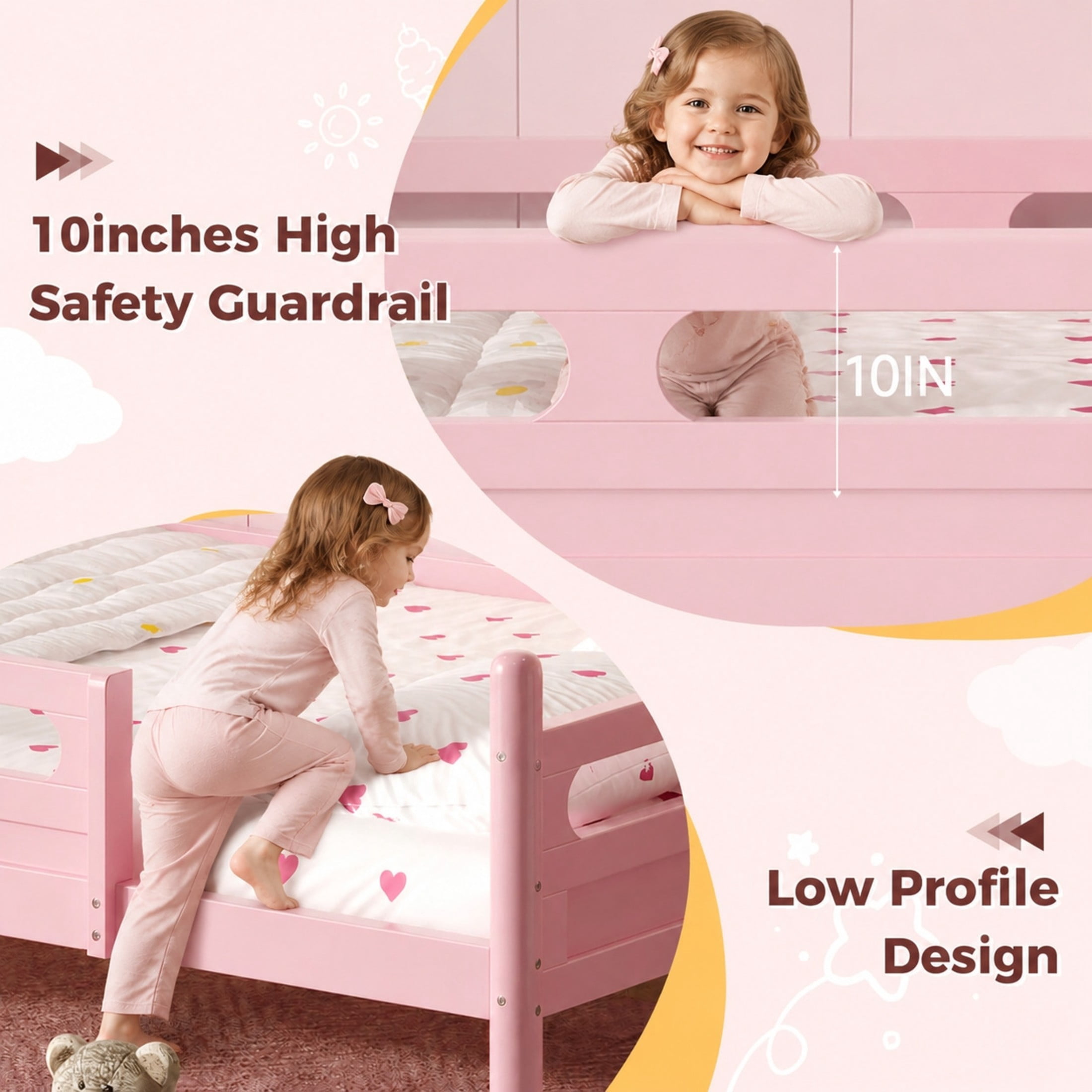 Noble House Full Size Kids Bed Frame with Safety Rails, Low Profile Design & Slat Support, Pink