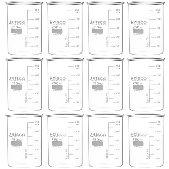 12PK Tall Form Beakers Without Spout, 250mL - Graduated - Borosilicate Glass - Berzelius Beakers - Eisco Labs
