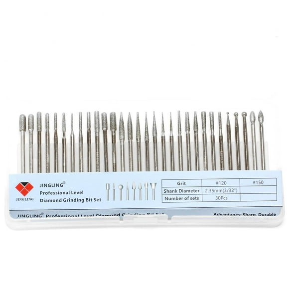 JINGLING Diamond Grinding Bits Set Stone Carving Tools Jewelry Files 3/32" Shank for Nail Drill Pack of 30Pcs