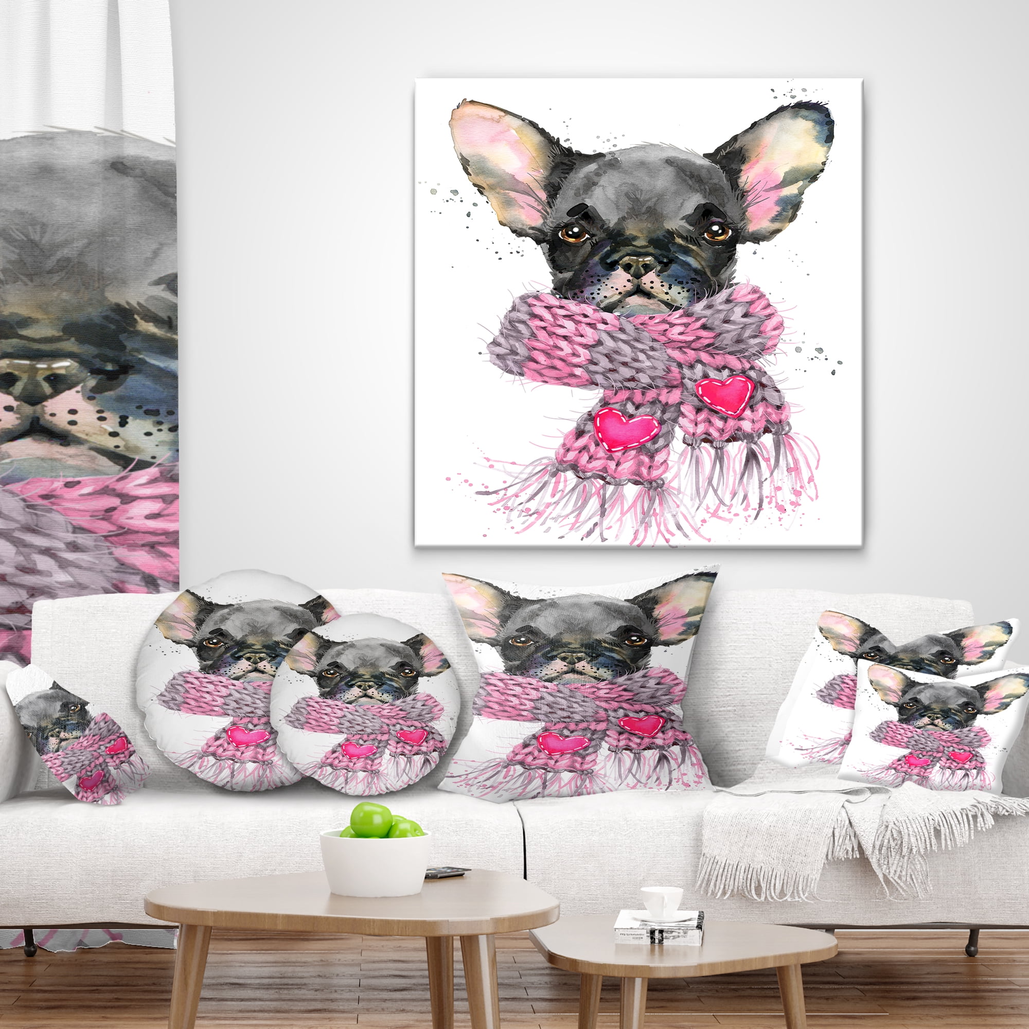 Designart Cute Puppy Dog with Pink Shawl - Animal Throw Pillow - 16x16