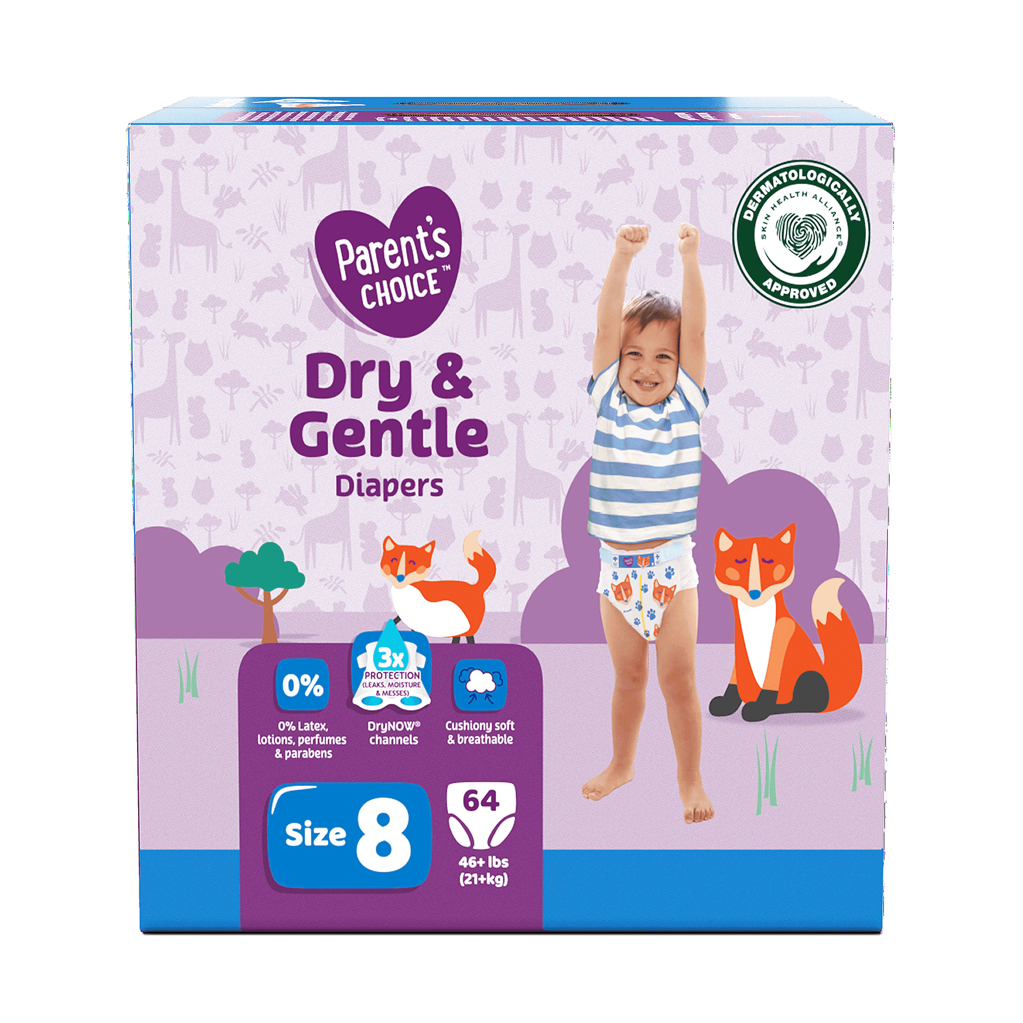 Dry & Gentle Diapers Size 8, 64 Count