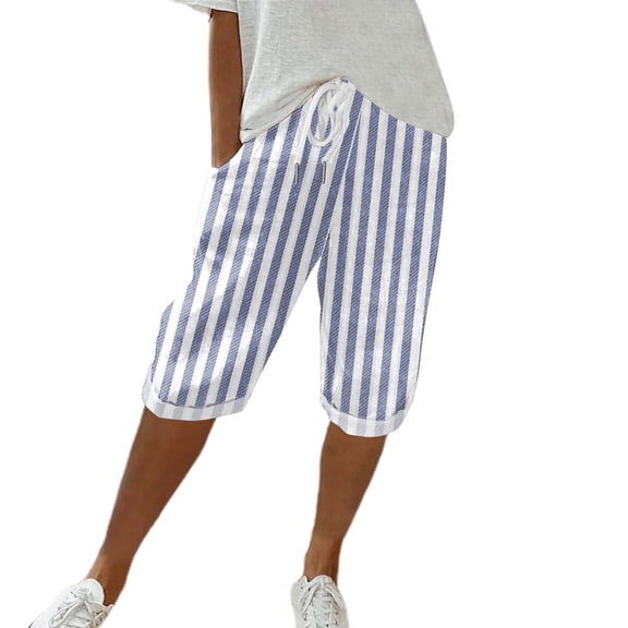 Women's Pants Fashion Casual Pants For Women Cotton And Linen Striped Pocket Elastic Casual Quarter