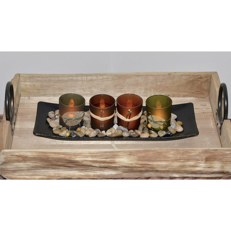 Hanobe Long Narrow Wood Candle Tray Rustic Wooden Candle Holders Decorative Rectangular Table Centerpieces for Living Room Farmhouse Pillar Stand Tea