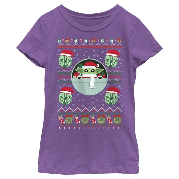 Girl's Star Wars: The Mandalorian Christmas Grogu and Din Djarin Santa Hats  Graphic Tee Purple Berry Small