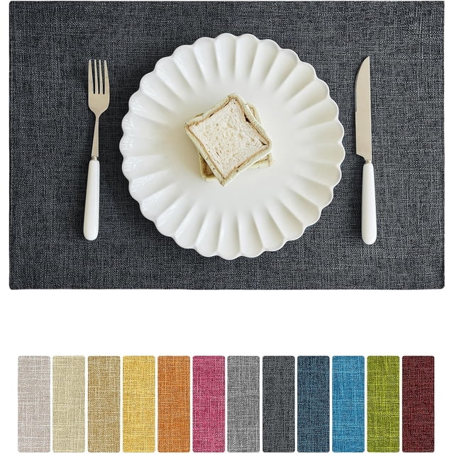XINQIHANG Faux Linen Placemats Set of 4-12 x 18 Inch, Heat Resistant Double Layered Durable Burlap Farmhouse Place Mats, Non-Slip Washable Rustic Table Mats for Dining, Kitchen, Party(Dark Grey