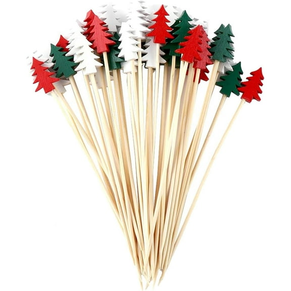 100 Pcs Christmas Tree Cocktail Sticks,Happon Handmade Bamboo Cocktail Skewers with Christmas Tree Ornament, Cupcake Finger Food Picks, Birthday Wedding Christmas Party Decoration Supplies