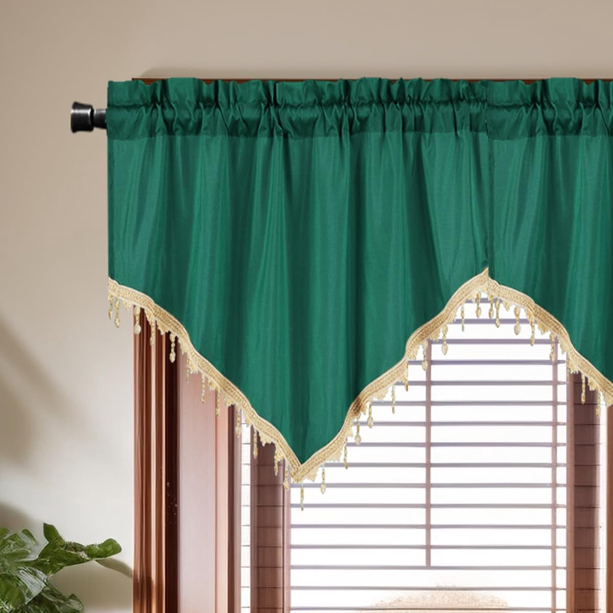 Nvzi Luxury Beaded Triangle Curtain Valances 3 Panels for Living Room Bathroom Cafe Laundry Basement Rod Pocket Half Blackout Short Window Valance Curtains (Green,51"x23")