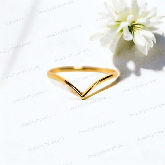 JEWELRYTREASURE V-Shaped Promise Band / Minimalist Gift for Women / Yellow Gold Plated Silver / Personalized Engagement Ring