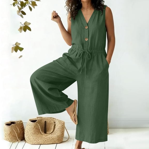 Gamivast Cropped Jumpsuit for Women Linen Sleeveless V Neck Wide Leg Culotte Jumpsuit Drawstring Waist Button Front with Pockets Casual Vacation One Piece Outfit