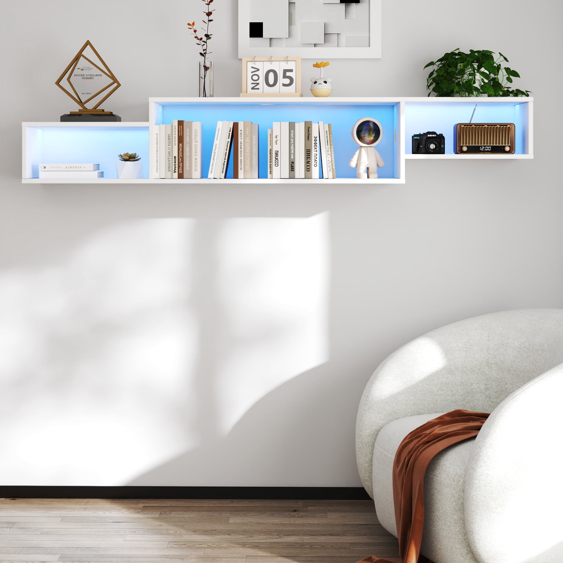 Mintazer Floating Wall Shelf with LED Lights, 3-Section Wall-Mounted Display Shelf, White