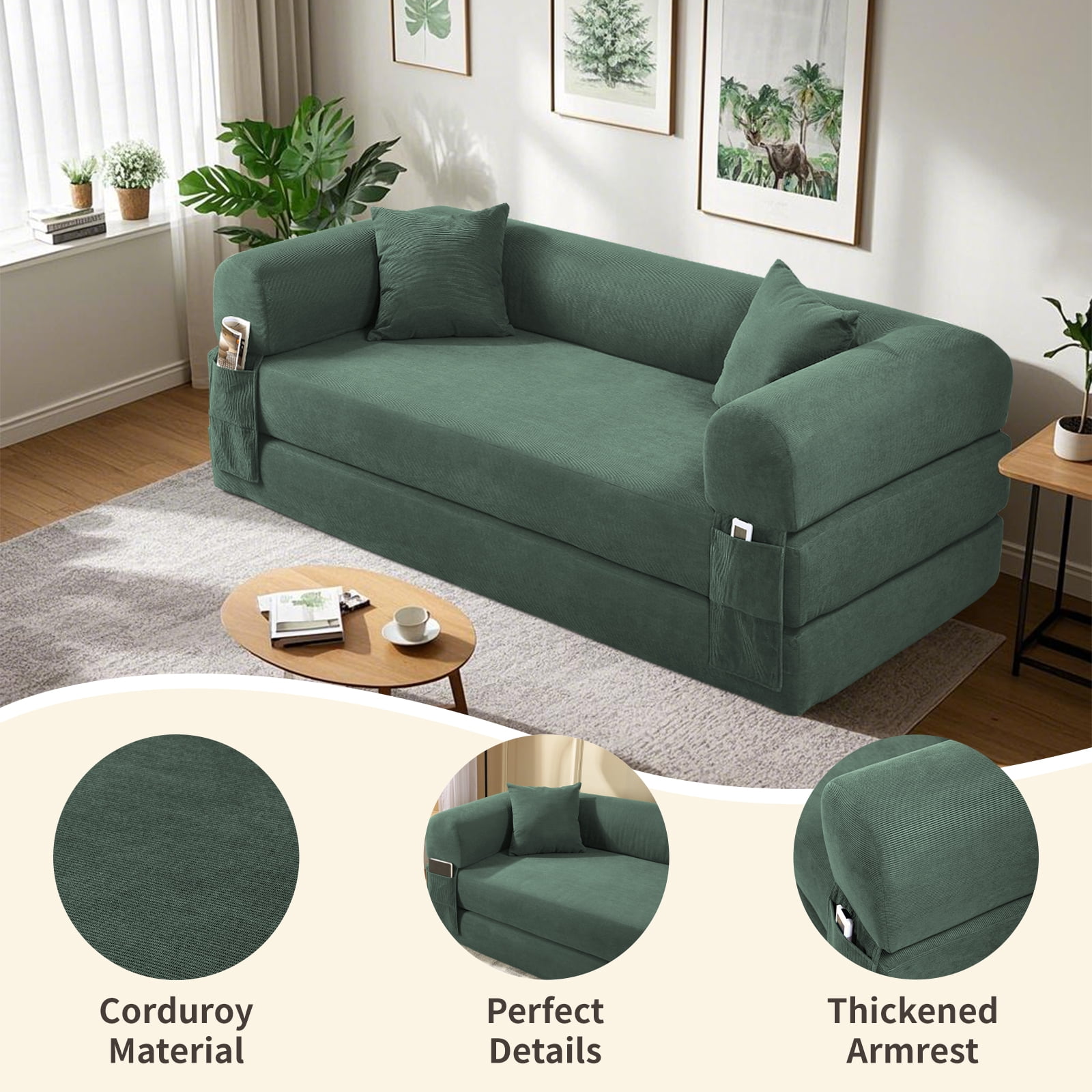 3 in 1 Convertible Sofa Bed, 80" Corduroy Folding Pull Out Couch with 2 Pillows, Floor Sofa with Side Storage for Living Room, No Assembly Modern Boneless Couch Compression Sofa, 30"W