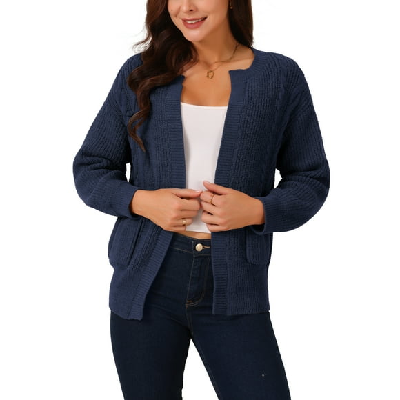 INSPIRE CHIC Women's Sweater Cardigan Open Front Long Sleeve Knitted Casual Cardigan with Pockets Navy Blue M