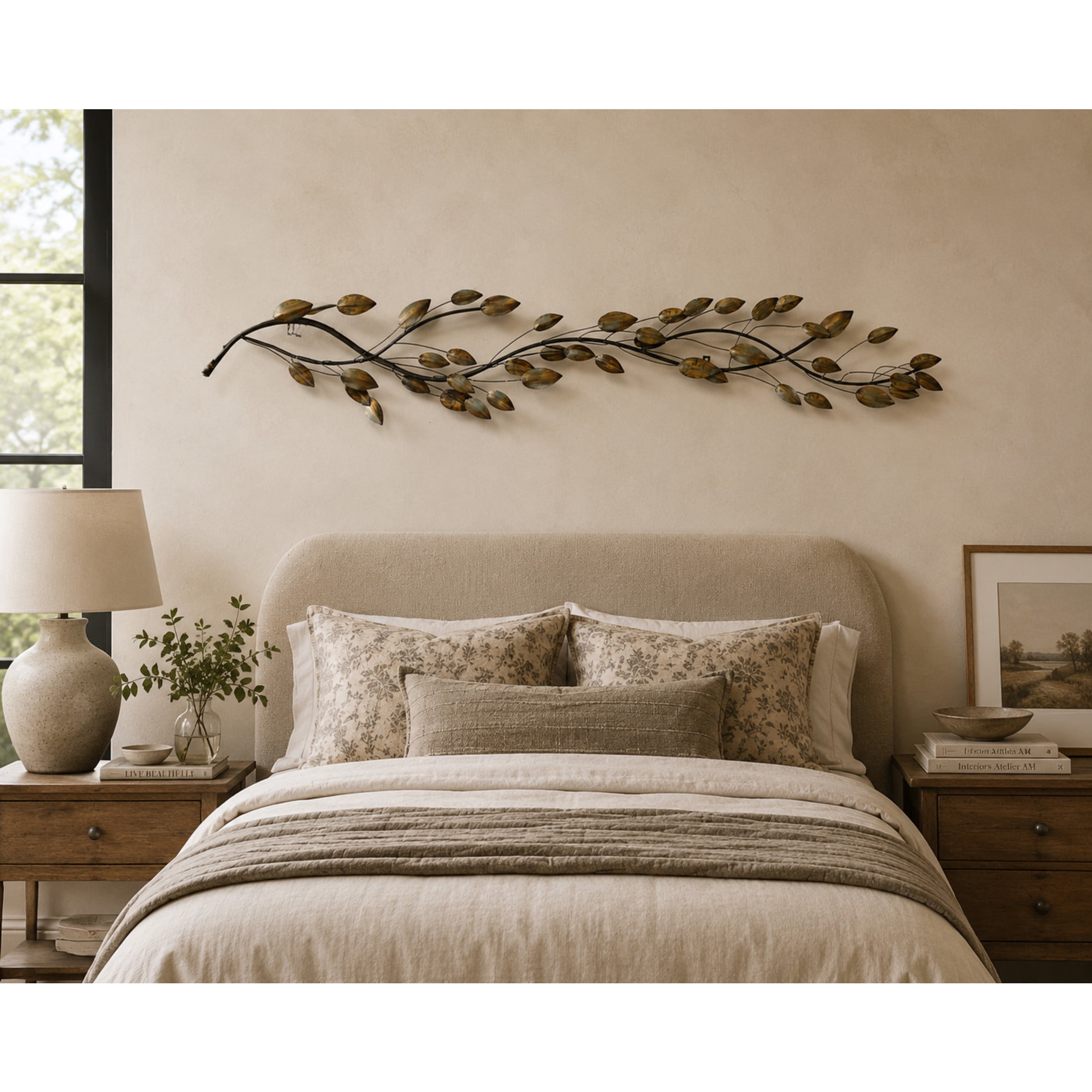 DecMode Brown Metal Slim Horizontal Leaf Wall Decor with Teal Accents