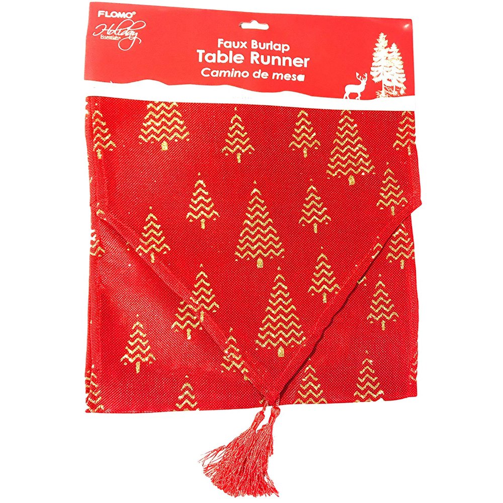 57" x 13" Christmas Faux Burlap Red Christmas Tree Contemporary Glitter