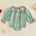 thumbnail image 2 of Baby Girl Christmas Outfit Plaid Gingerbread Smocked Bubble Romper Santa Puff Long Sleeve Bodysuit Fall Winter Xmas Clothes, 2 of 8