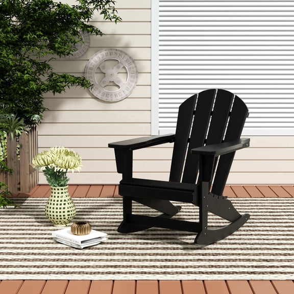 FADINGFREE Outdoor Patio Rocking Adirondack Chair, All-Weather HDPE Patio Rocker with Wide Armrests for Porch, Lawn & Garden, Black