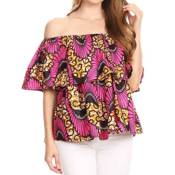 Sakkas Imani Colorful Wax African Ankara Dutch Off-shoulder Blouse Top Gorgeous - Pink/Ocelli - One Size Regular