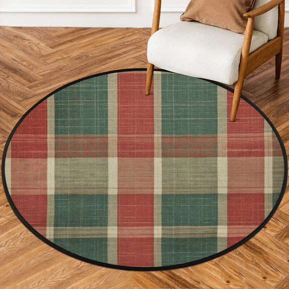 CURLYOOT Round Rug 3ft Buffalo Check Area Rug, Washable Circle Mat Non Slip Floor Carpet Mat, Christmas Soft Indoor Rugs for Entryway Living Room Dining Room Bedroom