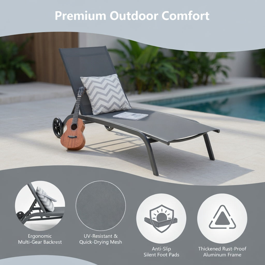 Hommoo 6-Position Adjustable Outdoor Chaise Lounge Chair with Smooth-Rolling Wheels, for Patio, Poolside & Backyard, Gray