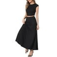 thumbnail image 4 of INSPIRE CHIC Two Piece Skirt Set Crew Neck Short Sleeve Cropped Top Elastic Waist A-Line Midi Skirt, 4 of 6