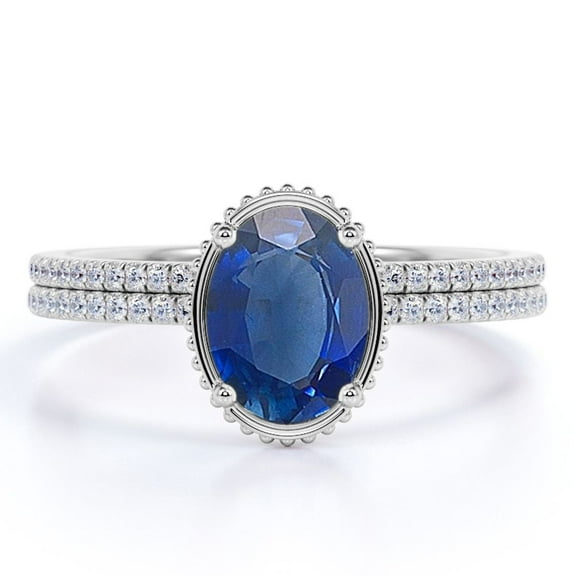 JeenMata 1.5 Carat Oval Sapphire Bridal Wedding Ring Set in 18k White Gold Over Silver