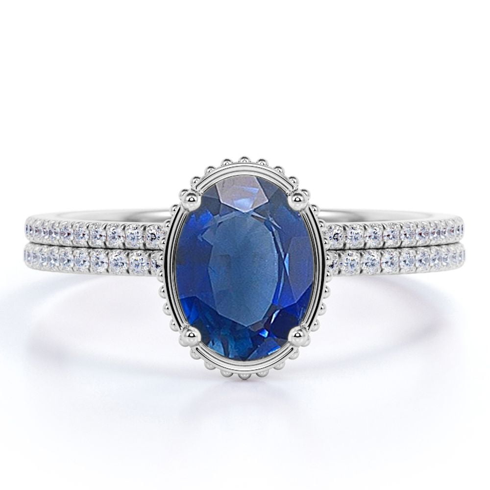 JeenMata 1.5 Carat Oval Sapphire Bridal Wedding Ring Set in 18k White Gold Over Silver