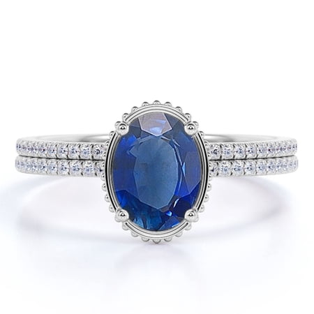 JeenMata 1.5 Carat Oval Sapphire Bridal Wedding Ring Set in 18k White Gold Over Silver