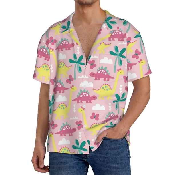 Balery Dinosaur Camisa Casual de Manga Corta con Botones para Hombre, Texturizada, Estilo Cubano, para Playa, Verano-Large