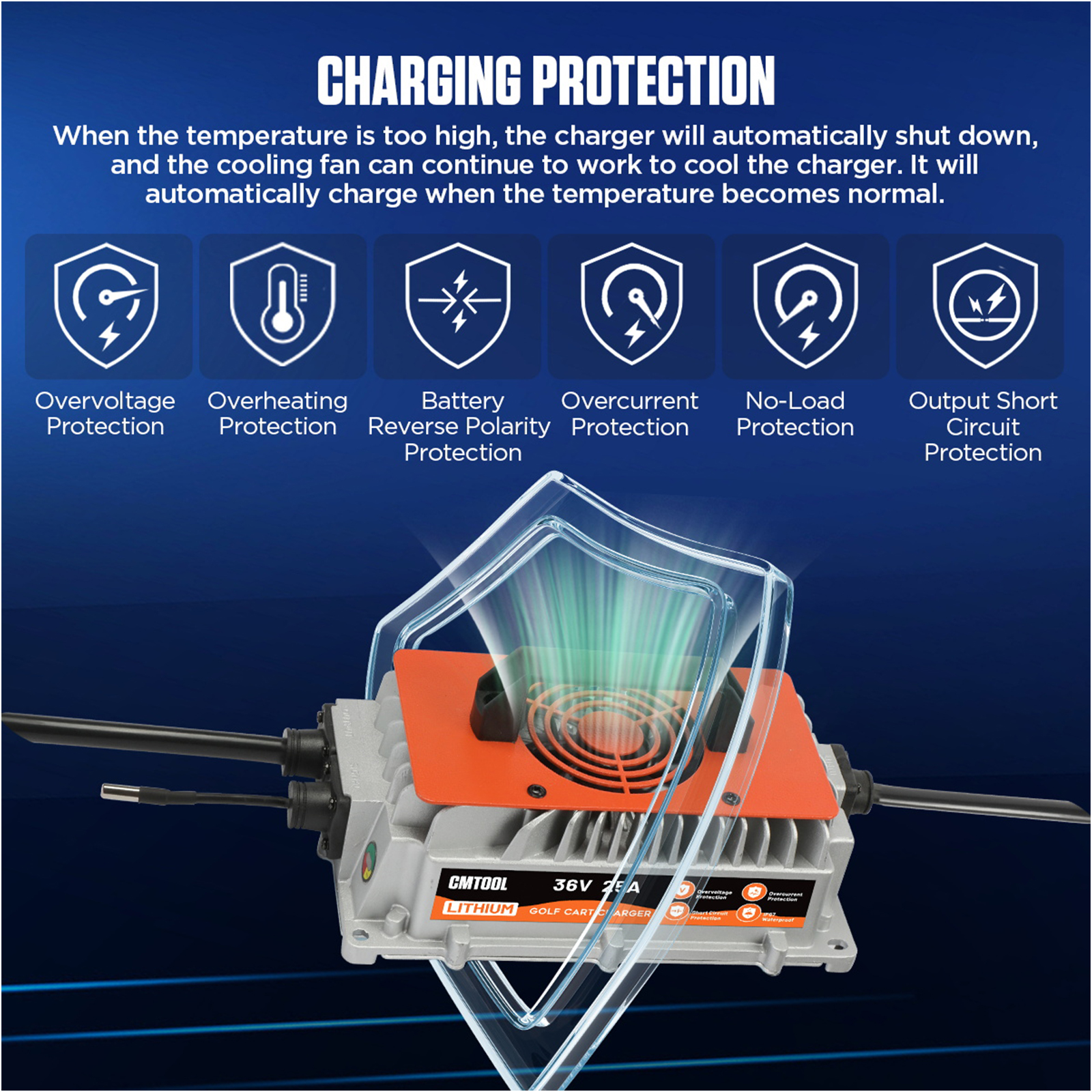 DUOYI 36V 25A Smart Golf Cart Battery Charger -1250W Fully Automatic Trickle Lithium Charger with IP67 Waterproof Rating ,Orange